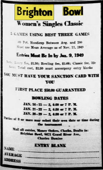 Brighton Bowl (Brighton Bowl-n-Bar) - Dec 14 1949 Ad